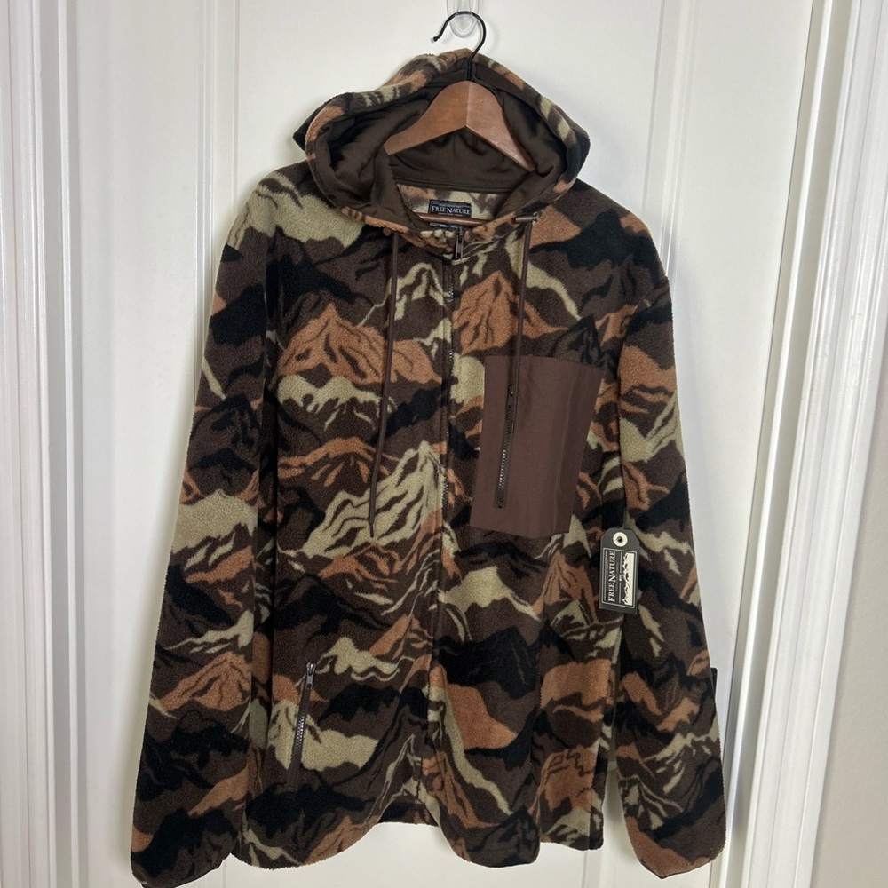 Free Nature Brown Camo Mountain Fleece Hooded Jacket Mens XL Outdoor Hiking